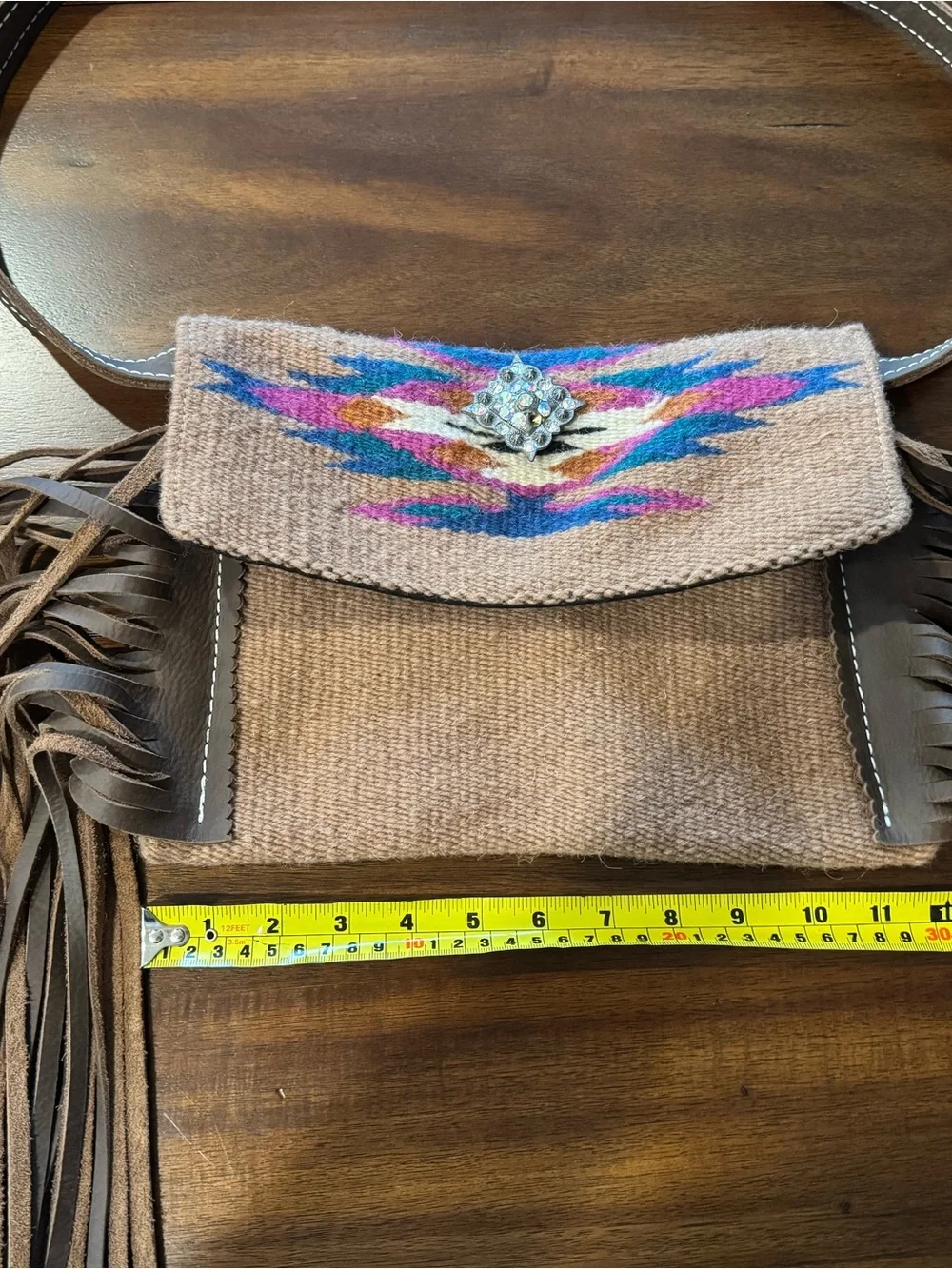Southwestern Woven Wool Blanket Fringe Crossbody Bag with Rhinestone Concho